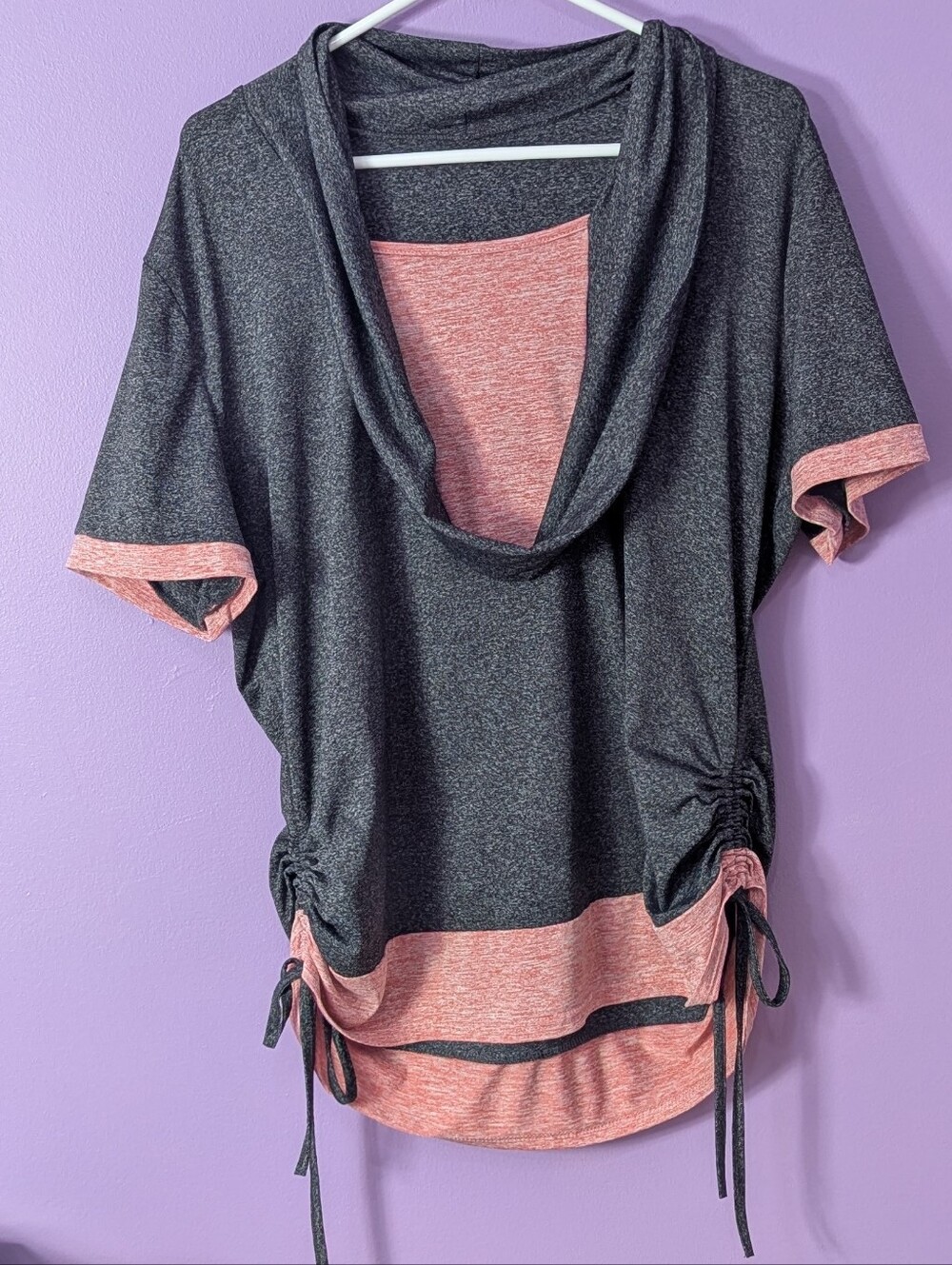 Active Layer Look Cowl Neck Ruched Drawstring gray red orange Top